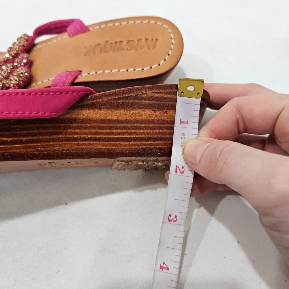 Mystique Womens Leather Jewel Wedge Flip Flops Size 8 Pink Embellished Summer